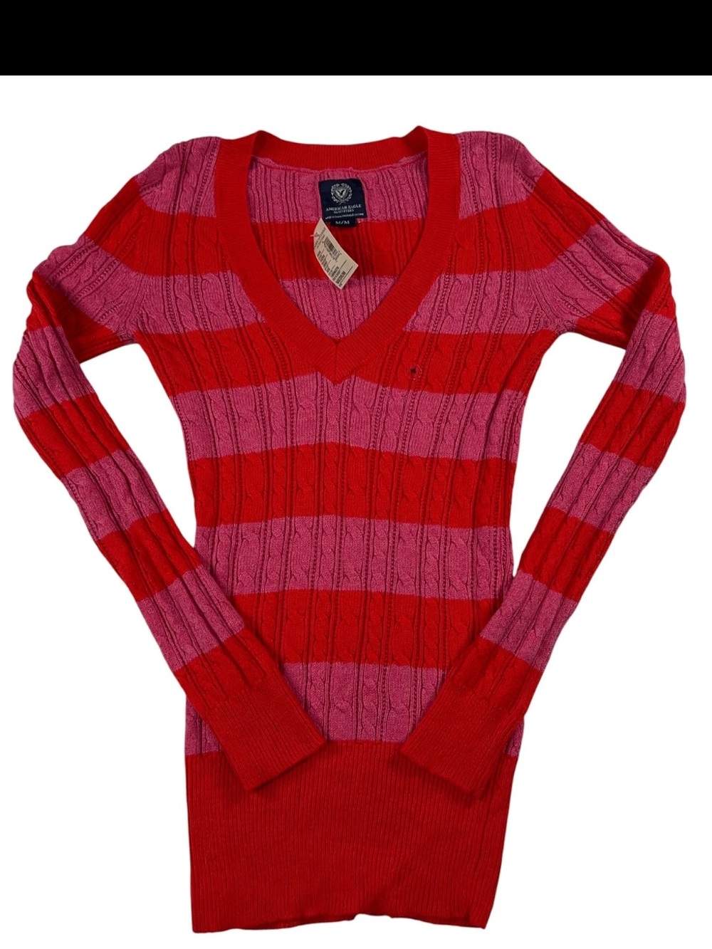VTG American Eagle Cable Knit Striped V-Neck Sweater Medium Y2K Bella Swan NWT